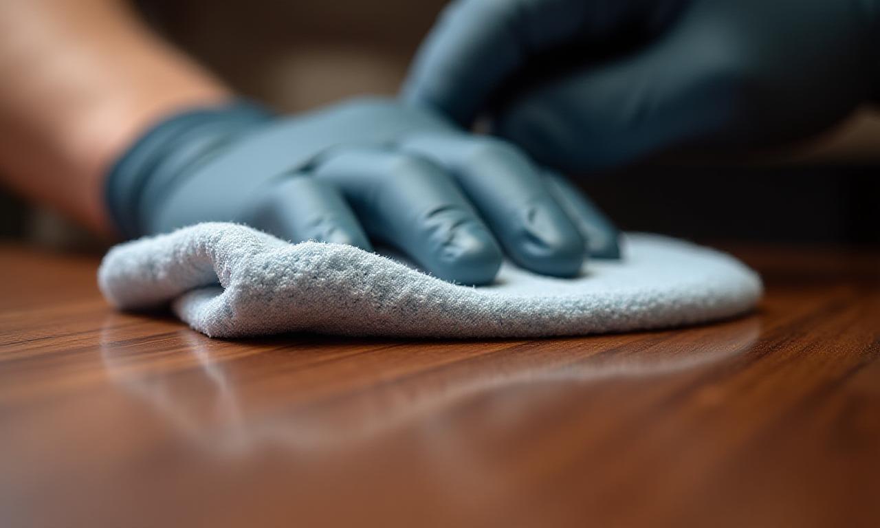 Close up of a professional housekeeper using eco-friendly products on fine wood