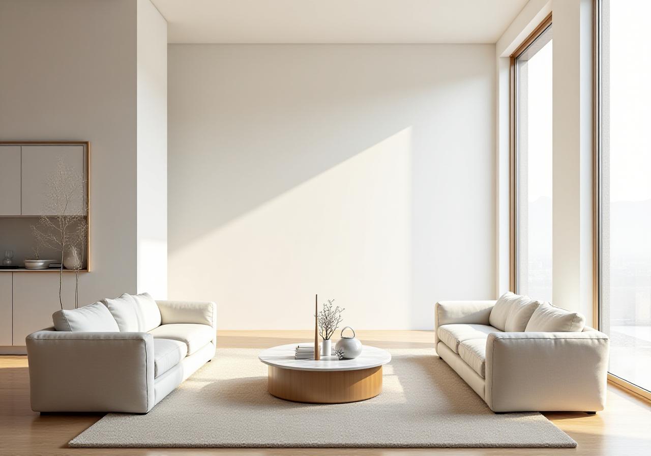 A perfectly maintained luxury minimalist living room with white fabrics